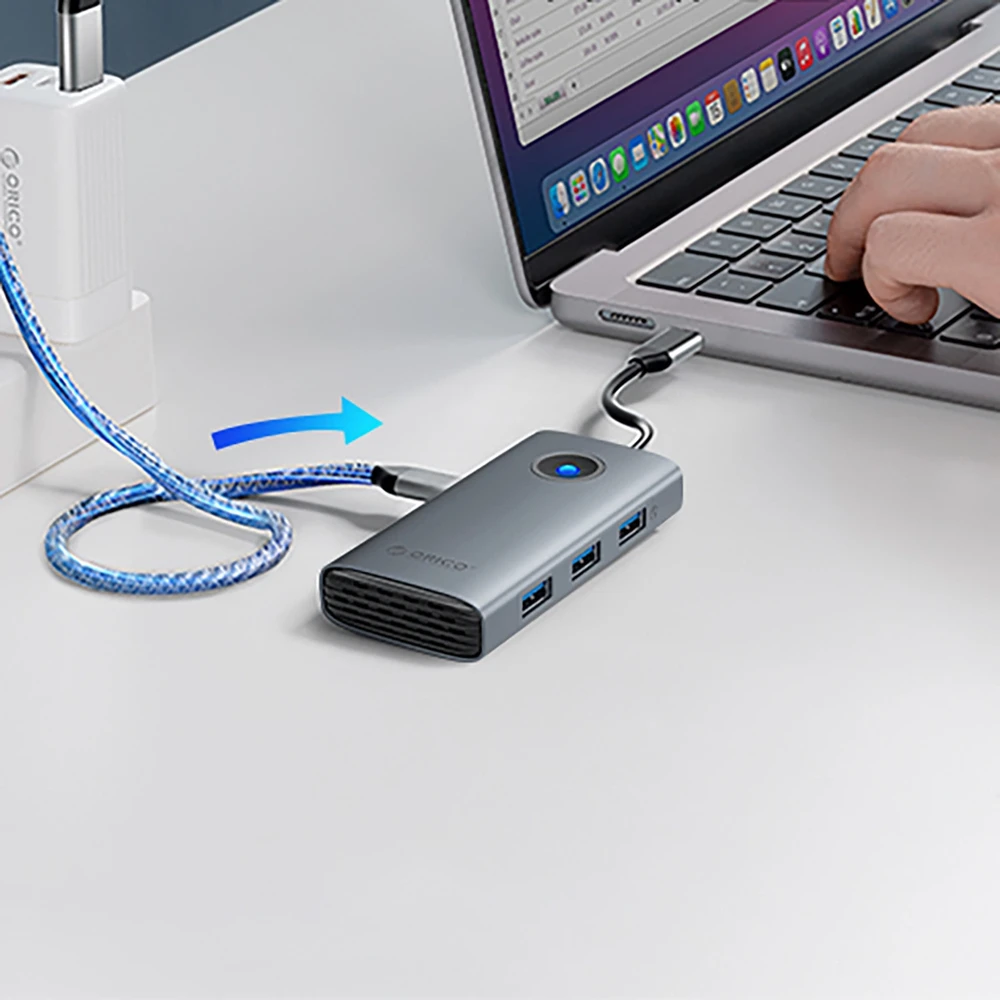„Orico PW11-6P“ USB-C šakotuvo prijungimo stotelė, 3x USB-A 3.0 + 1x USB-C 2.0 + 1x HDMI – pilkos spalvos