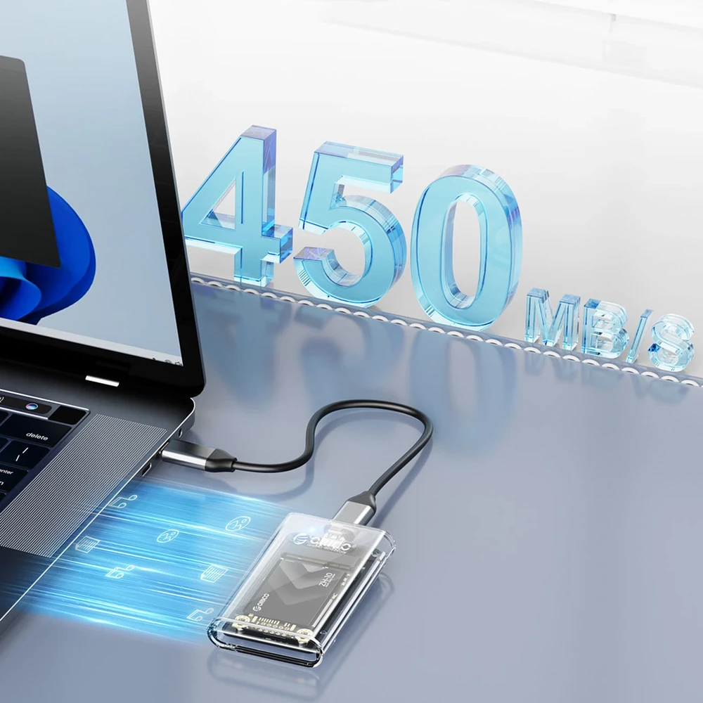Orico MSATA dėklas su USB-C kabeliu ir duomenų perdavimo vizualizacija