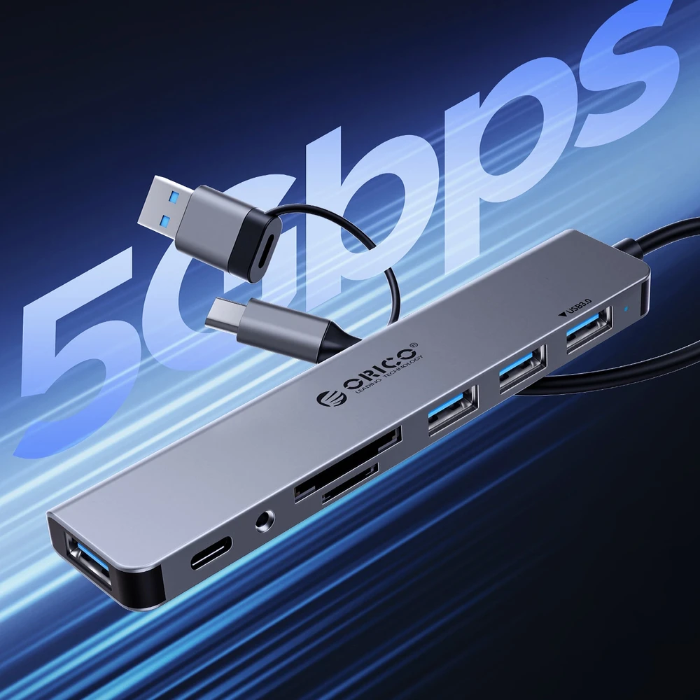 Orico YSB4-U2 USB-A/USB-C šakotuvo prijungimo stotelė 2x USB-A 2.0 + 1x USB-A 3.0 + 1x USB-C 2.0 + 1x USB-C – pilkos spalvos