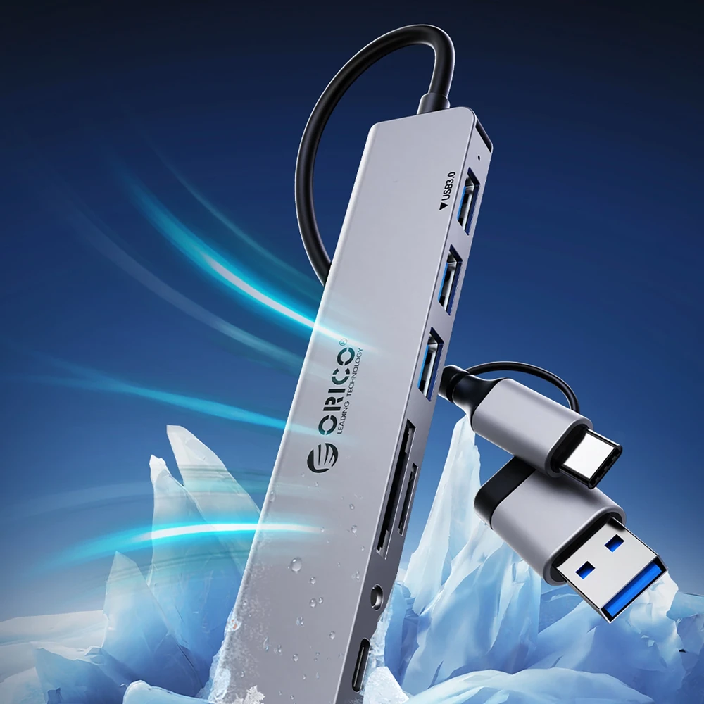 Orico YSB4-U2 USB-A/USB-C šakotuvo prijungimo stotelė 2x USB-A 2.0 + 1x USB-A 3.0 + 1x USB-C 2.0 + 1x USB-C – pilkos spalvos