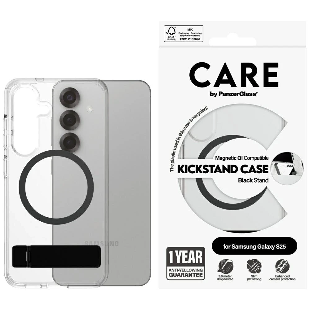 Dėklas Panzer Glass CARE by PanzerGlass Feature Juodas Kickstand & QI Samsung Galaxy S25 skaidrus