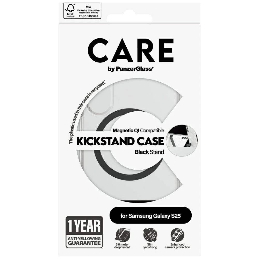Dėklas Panzer Glass CARE by PanzerGlass Feature Juodas Kickstand & QI Samsung Galaxy S25 skaidrus