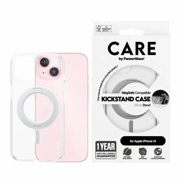 „Panzer Glass CARE by PanzerGlass“ dėklas su atramėle „MagSafe“, skirtas „iPhone 15“ - sidabrinis