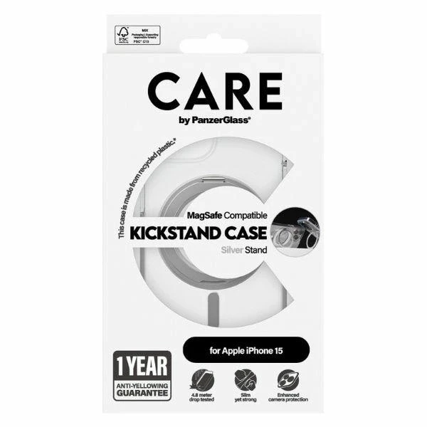 „Panzer Glass CARE by PanzerGlass“ dėklas su atramėle „MagSafe“, skirtas „iPhone 15“ - sidabrinis