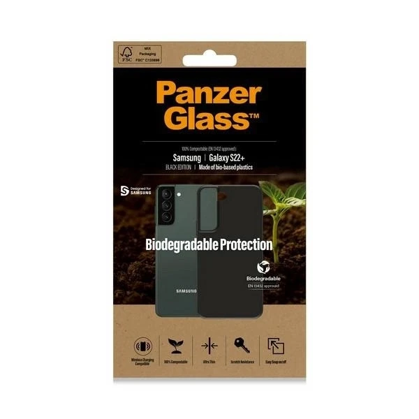 Panzer Glass PanzerGlass biologiškai skaidus dėklas Samsung Galaxy S22+ Bio-pagrindinis plastikas Juodas 100% kompostuojamas. Sudėtyje yra medienos medžiagos. Elegantiškas juodas dizainas. Suderinamas su belaidžiu įkrovimu