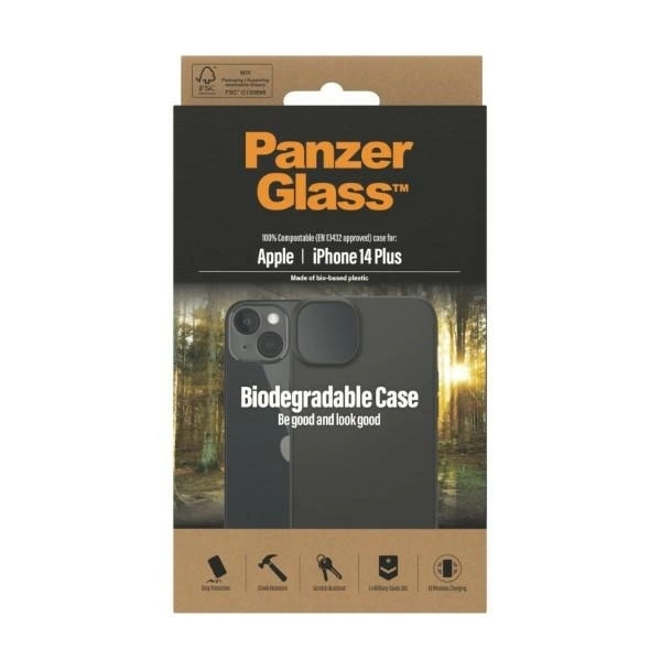 Panzer Glass PanzerGlass | Biologiškai skaidus dėklas | Nugaros apsauga | Apple | iPhone 14 Plus | Biologinis plastikas | Juodas | Suderinamas su belaidžiu įkrovimu; Karinio laipsnio standartas; 100% kompostuojamas