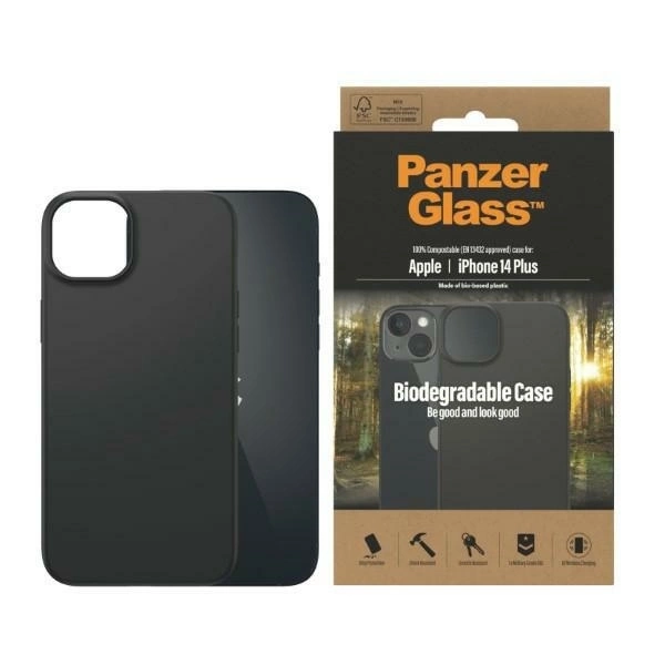Panzer Glass PanzerGlass | Biologiškai skaidus dėklas | Nugaros apsauga | Apple | iPhone 14 Plus | Biologinis plastikas | Juodas | Suderinamas su belaidžiu įkrovimu; Karinio laipsnio standartas; 100% kompostuojamas