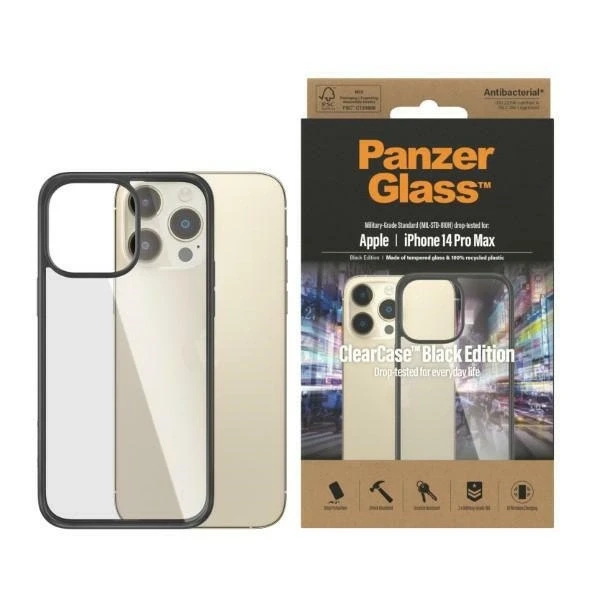 Panzer Glass PanzerGlass | ClearCase su Juodas rėmeliu | Byla | Apple | iPhone 14 Pro Max | Juodas | Karinio laipsnio standartas; Atsparus įbrėžimams; Atsparus smūgiams; Antibakterinis; 100% perdirbta rėmo medžiaga
