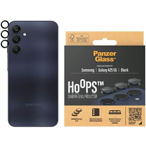 Panzer Glass Apsauginis stiklas 5D Samsung Galaxy A25 5G PanzerGlass Hoops kameros apsauga Hoop Optic Rings juodos spalvos