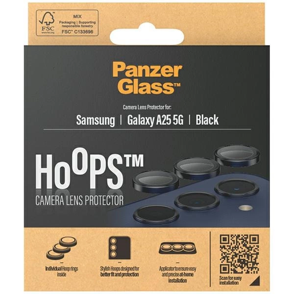 Panzer Glass Apsauginis stiklas 5D Samsung Galaxy A25 5G PanzerGlass Hoops kameros apsauga Hoop Optic Rings juodos spalvos
