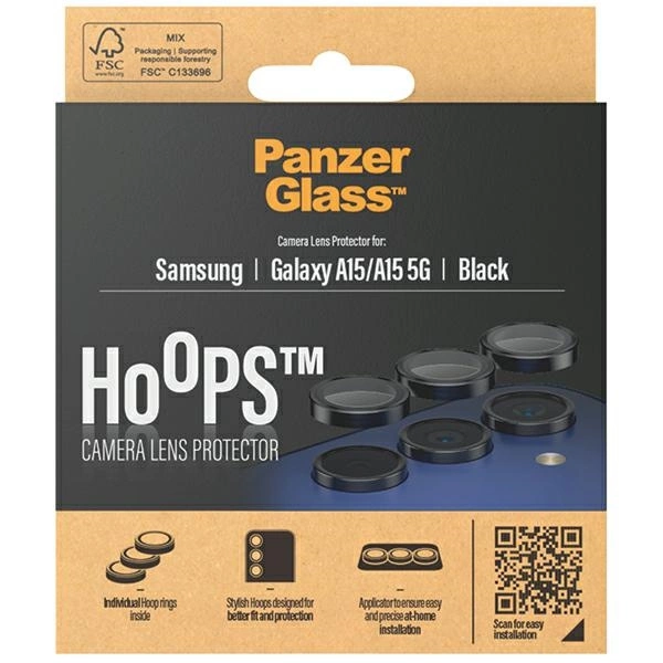Panzer Glass Apsauginis stiklas 5D Samsung Galaxy A15 4G / 5G PanzerGlass Hoops kameros apsauga Hoop Optic Rings juodos spalvos