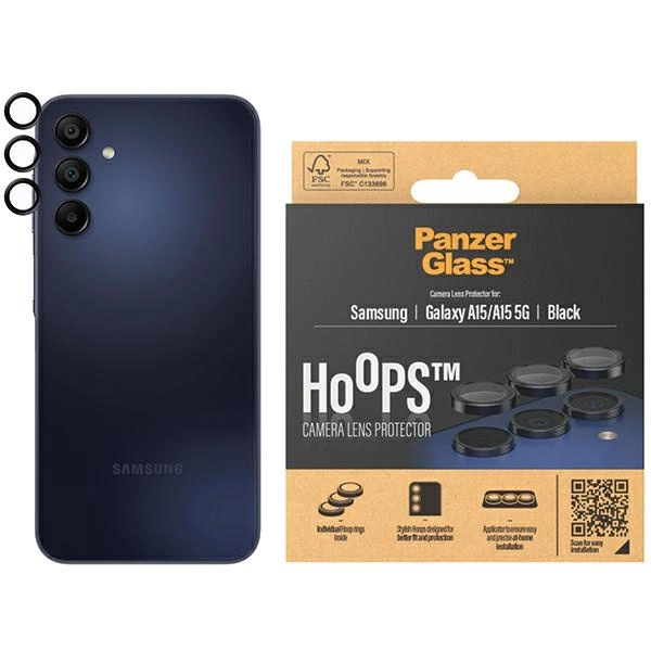 Panzer Glass Apsauginis stiklas 5D Samsung Galaxy A15 4G / 5G PanzerGlass Hoops kameros apsauga Hoop Optic Rings juodos spalvos