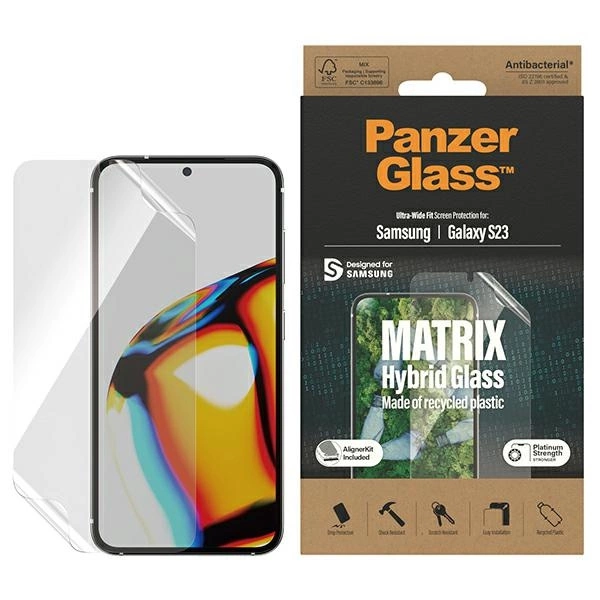 Panzer Glass PanzerGlass | „Matrix“ ekrano apsauga, itin platus pritaikymas W. Alignerkit | Ekrano apsauga | Samsung | Galaxy S23 | Skaidrus
