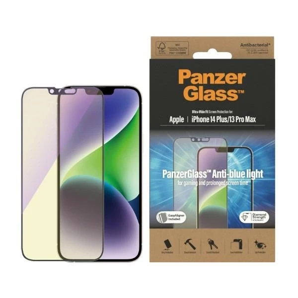 Panzer Glass PanzerGlass | Ekrano apsauga | Apple | iPhone 14 Plus/13 Pro Max | Stiklas | Juodas | Itin platus pritaikymas; Atsparus įbrėžimams; Atsparus smūgiams; Lengvas montavimas; Anti-mėlynas šviesa; Akių apsauga; Deimantų stiprumas; Antibakterinis; Atsparus pirštų atspaudams | Anti-mėlynas Šviesa