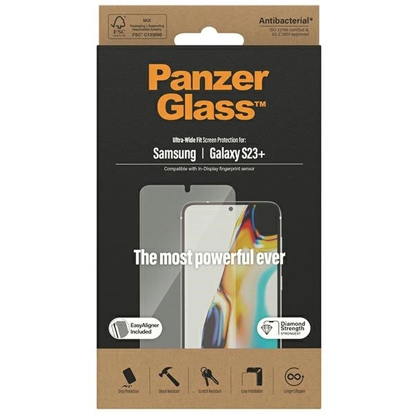 Panzer Glass PREMIUM TEMPERATO stiklo ekrano apsauga, pilnas dangtelis, skirtas Samsung Galaxy S23+, Ultra-Wide Fit AB, (Naujas)