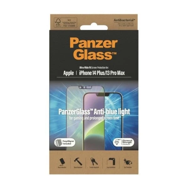 Panzer Glass PanzerGlass | Ekrano apsauga | Apple | iPhone 14 Plus/13 Pro Max | Stiklas | Juodas | Itin platus pritaikymas; Atsparus įbrėžimams; Atsparus smūgiams; Lengvas montavimas; Anti-mėlynas šviesa; Akių apsauga; Deimantų stiprumas; Antibakterinis; Atsparus pirštų atspaudams | Anti-mėlynas Šviesa