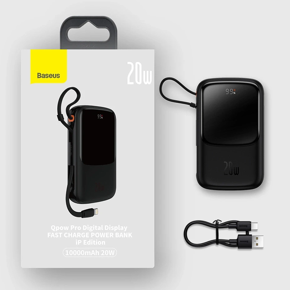 Powerbank 10000mAh 20W Baseus Qpow Pro Overseas Edition + USB C 3A kabelis - juodos spalvos