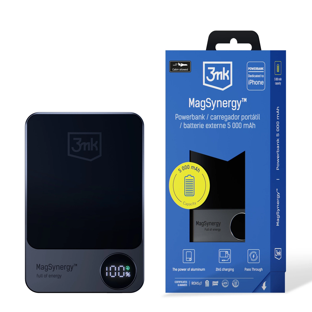 Powerbank 3mk MagSynergy su MagSafe 5000mAh 18W - juodos spalvos