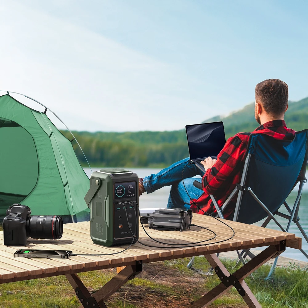 Powerbank Joyroom JR-PBF10 75000mAh 100W 3x USB-C 3x USB-A su sulankstomu žibintuvėliu ir rankena – žalia
