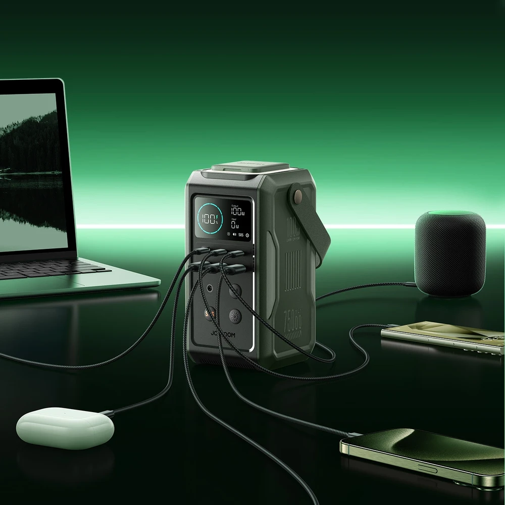 Powerbank Joyroom JR-PBF10 75000mAh 100W 3x USB-C 3x USB-A su sulankstomu žibintuvėliu ir rankena – žalia