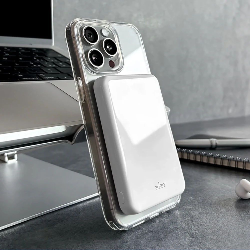 Powerbank Puro Mag Plus 5000mAh 20W Qi2 suderinamas su MagSafe 1x USB-C Power Delivery - baltos spalvos