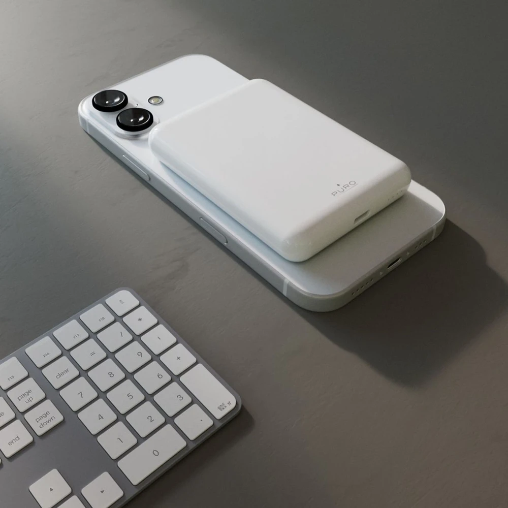 Išorinė baterija Puro „Power Mag“ 5000mAh 20W su maitinimo šaltiniu, USB-C, baltos spalvos