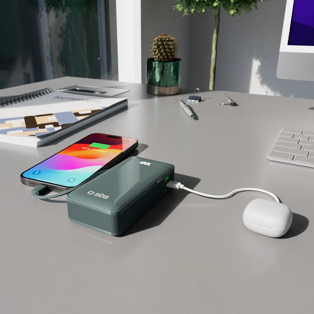 Išorinė baterija SBS 10000 mAh 20W su integruotu USB-C laidu ir skaitmeniniu ekranu - pilka