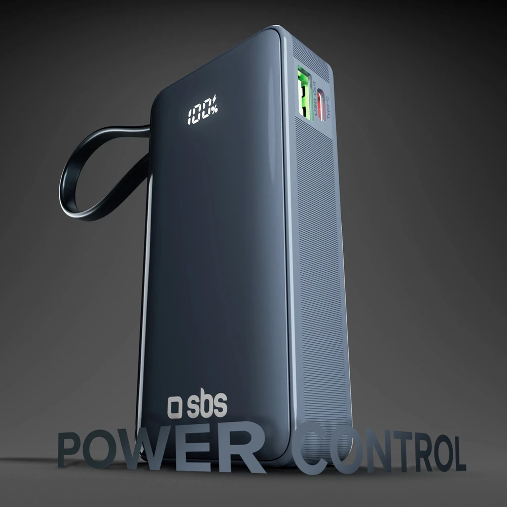 Išorinė baterija SBS 10000 mAh 20W su integruotu USB-C laidu ir skaitmeniniu ekranu - tamsiai pilka