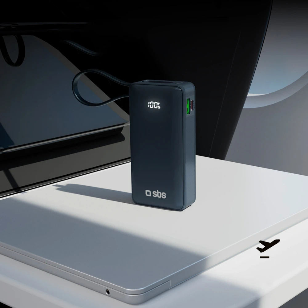 Išorinė baterija SBS 10000 mAh 20W su integruotu USB-C laidu ir skaitmeniniu ekranu - tamsiai pilka