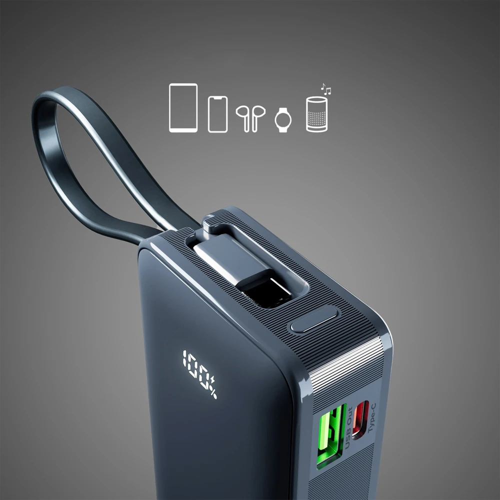 Išorinė baterija SBS 10000 mAh 20W su integruotu USB-C laidu ir skaitmeniniu ekranu - tamsiai pilka