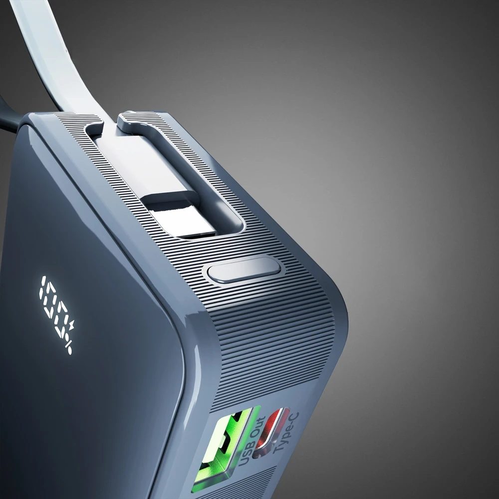 Išorinė baterija SBS 10000 mAh 20W su integruotu USB-C laidu ir skaitmeniniu ekranu - tamsiai pilka