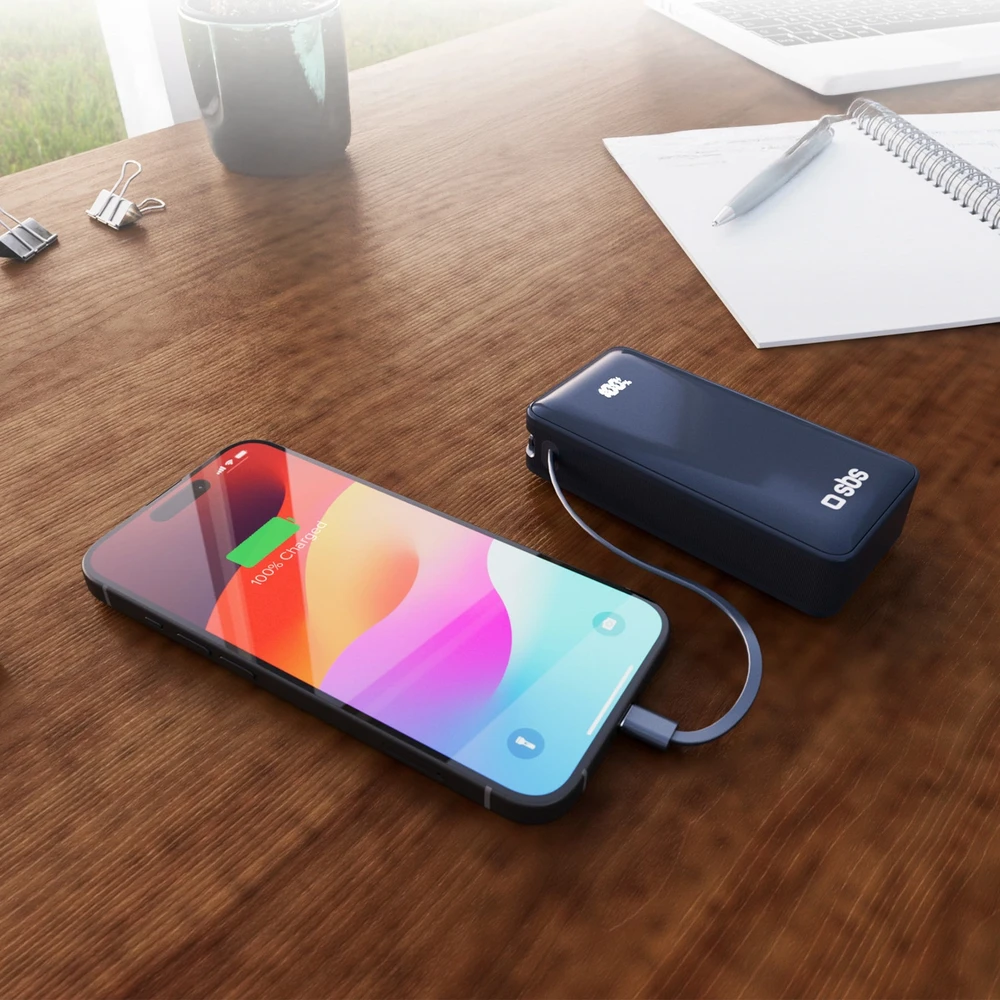 Išorinė baterija SBS 10000 mAh 20W su integruotu USB-C laidu ir skaitmeniniu ekranu - tamsiai pilka