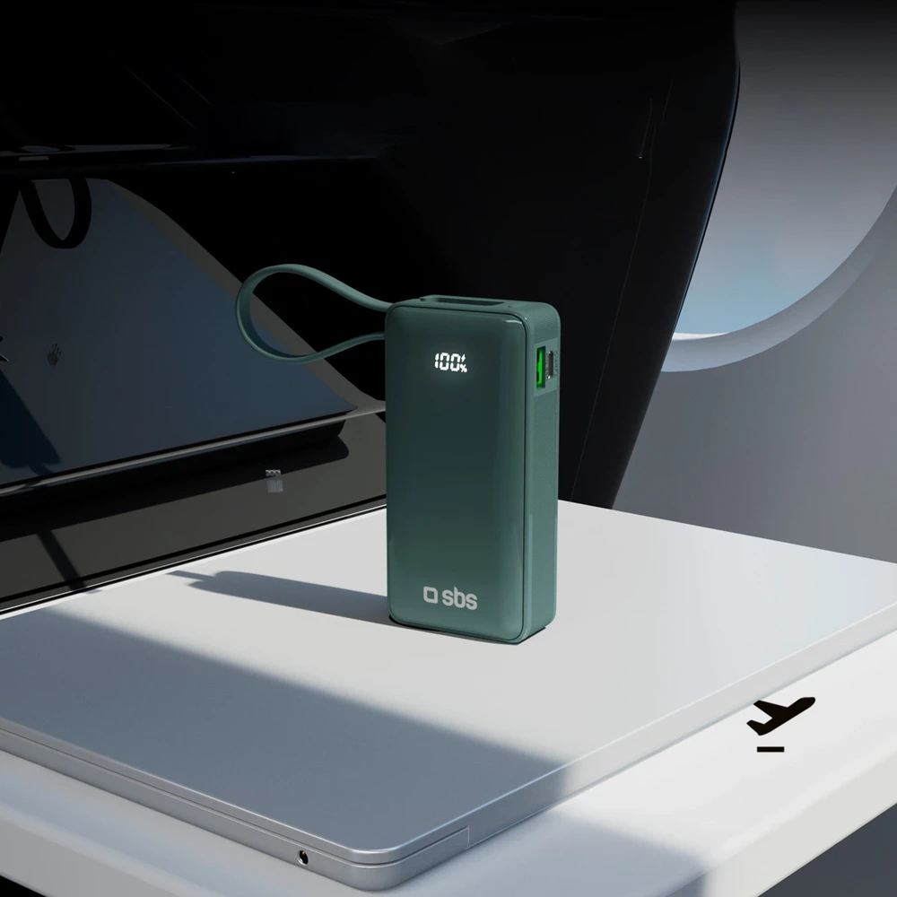 Išorinė baterija SBS 10000 mAh 20W su integruotu USB-C laidu ir skaitmeniniu ekranu - pilka