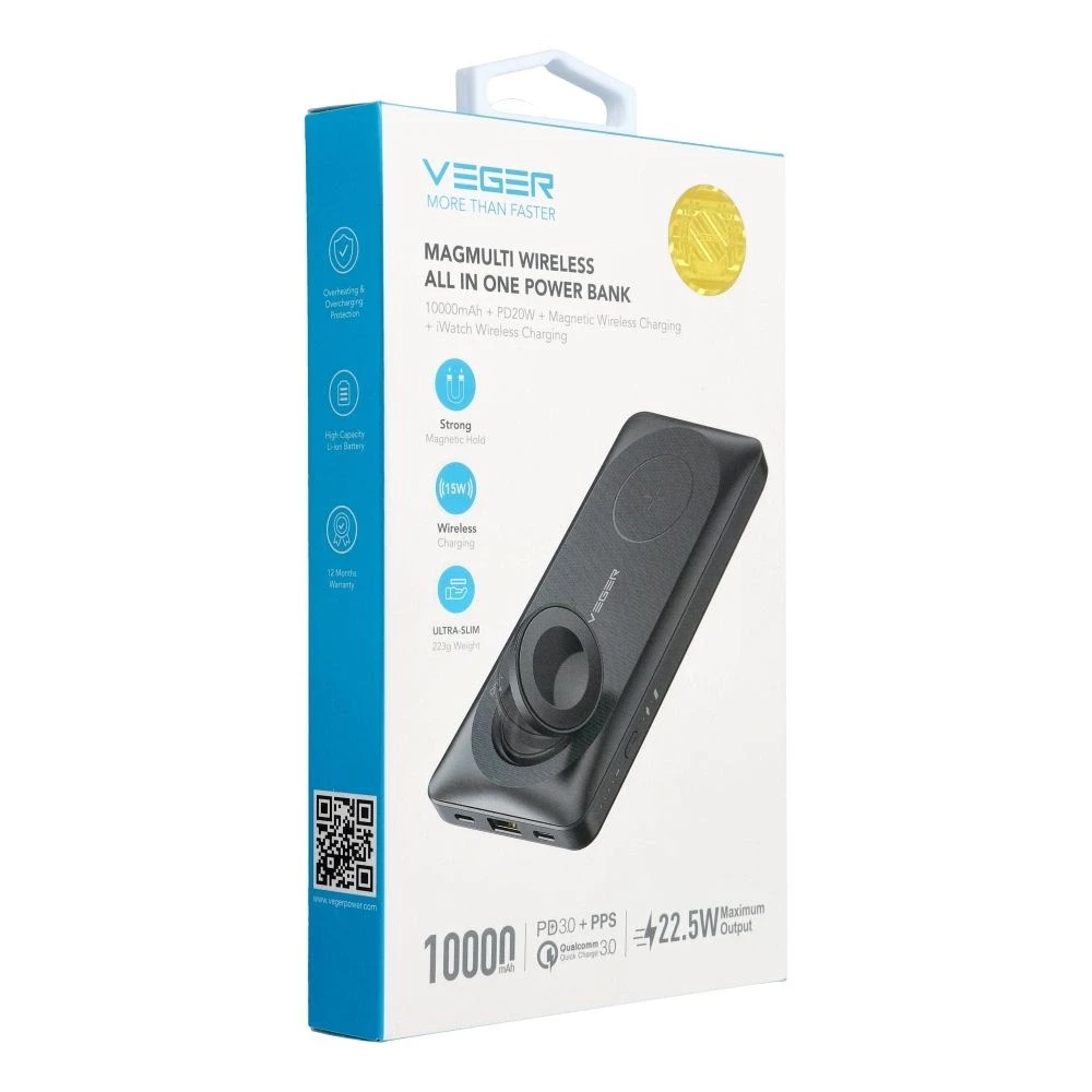 Nešiojamoji baterija, suderinama su „Magsafe Veger MagMulti“ (W1156) PD QC3.0 3A 22,5W 10000 mAh, su belaidžiu įkrovimu, juoda