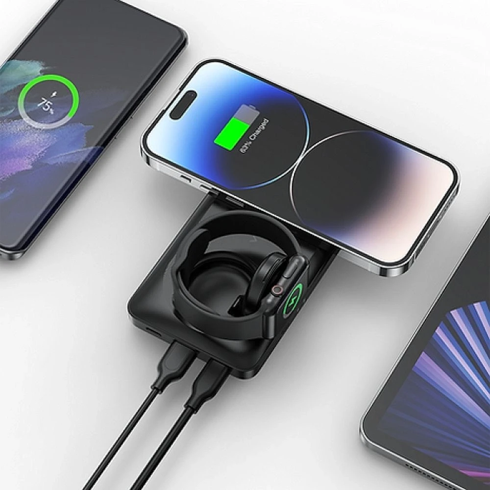 Nešiojamoji baterija, suderinama su „Magsafe Veger MagMulti“ (W1156) PD QC3.0 3A 22,5W 10000 mAh, su belaidžiu įkrovimu, juoda