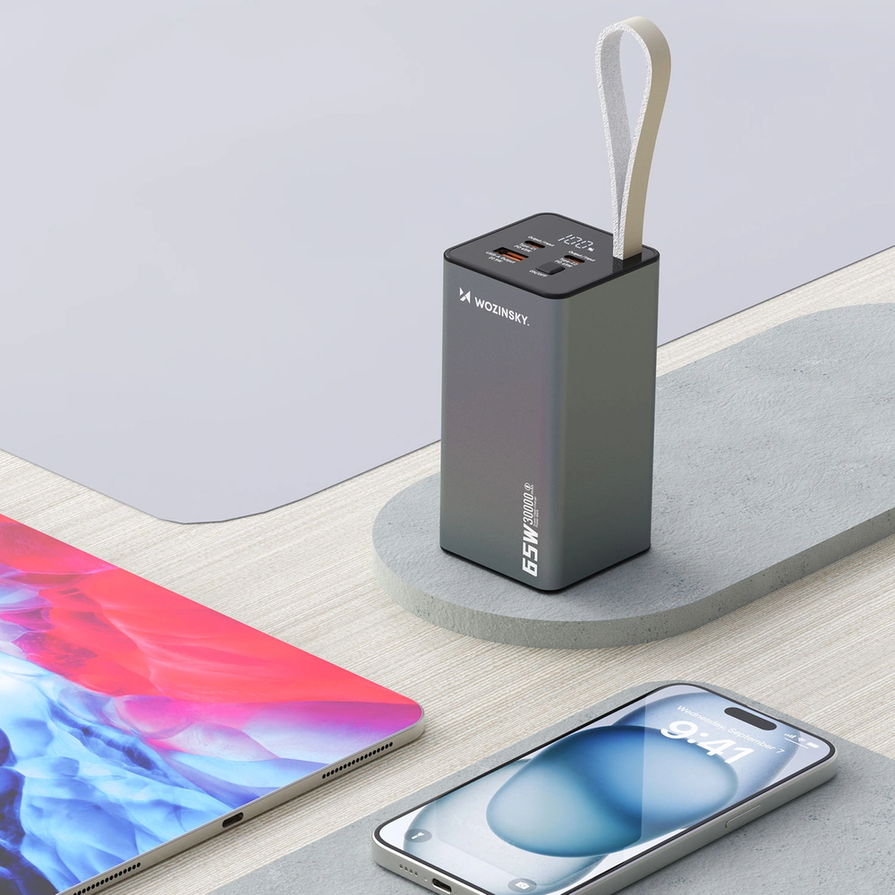 Powerbank Wozinsky K65+ 65W 30000mAh 2x USB-C, 1x USB-A 65W – pilka