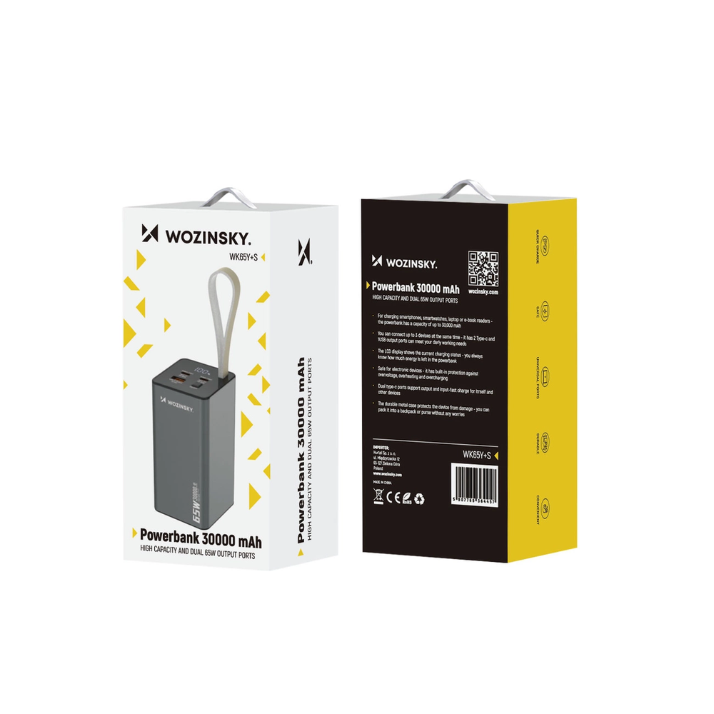 Powerbank Wozinsky K65+ 65W 30000mAh 2x USB-C, 1x USB-A 65W – pilka