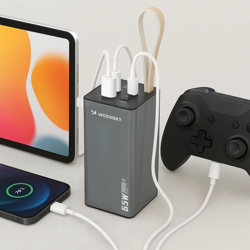 Powerbank Wozinsky K65+ 65W 30000mAh 2x USB-C, 1x USB-A 65W – pilka