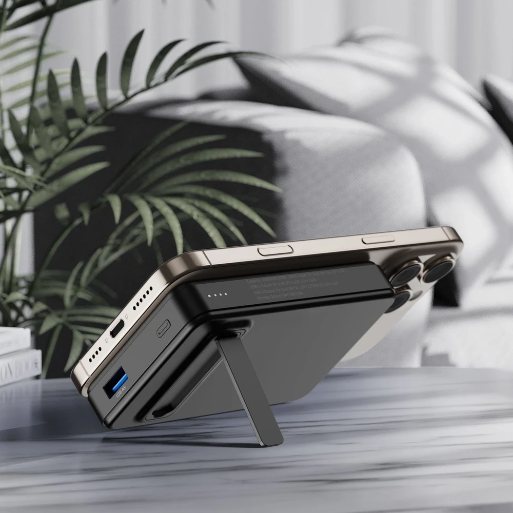 Powerbank Wozinsky WLWP-10KA0Y3S 22.5W PD Qi2 10000 mAh, su stoveliu, 1x USB-A, 1x USB-C – juodos spalvos