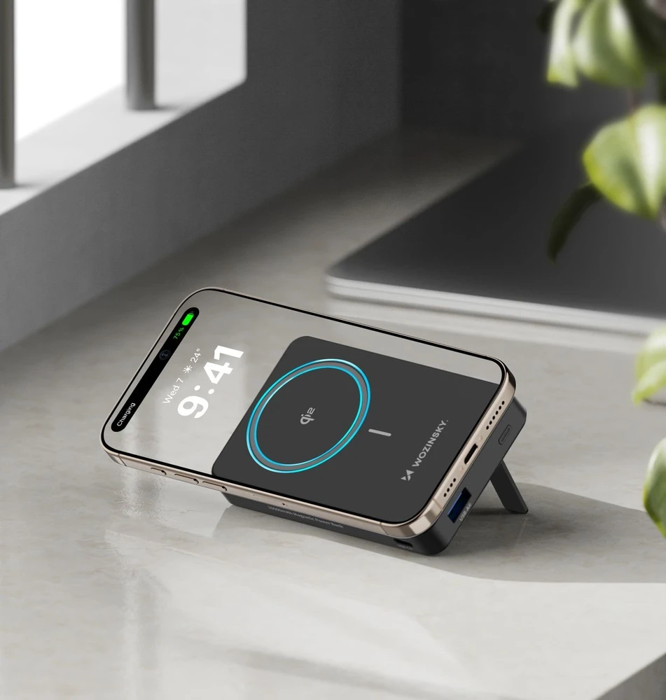 Powerbank Wozinsky WLWP-10KA0Y3S 22.5W PD Qi2 10000 mAh, su stoveliu, 1x USB-A, 1x USB-C – juodos spalvos
