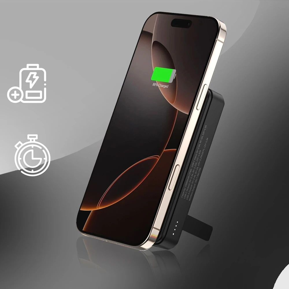 Powerbank Wozinsky WLWP-10KA0Y3S 22.5W PD Qi2 10000 mAh, su stoveliu, 1x USB-A, 1x USB-C – juodos spalvos