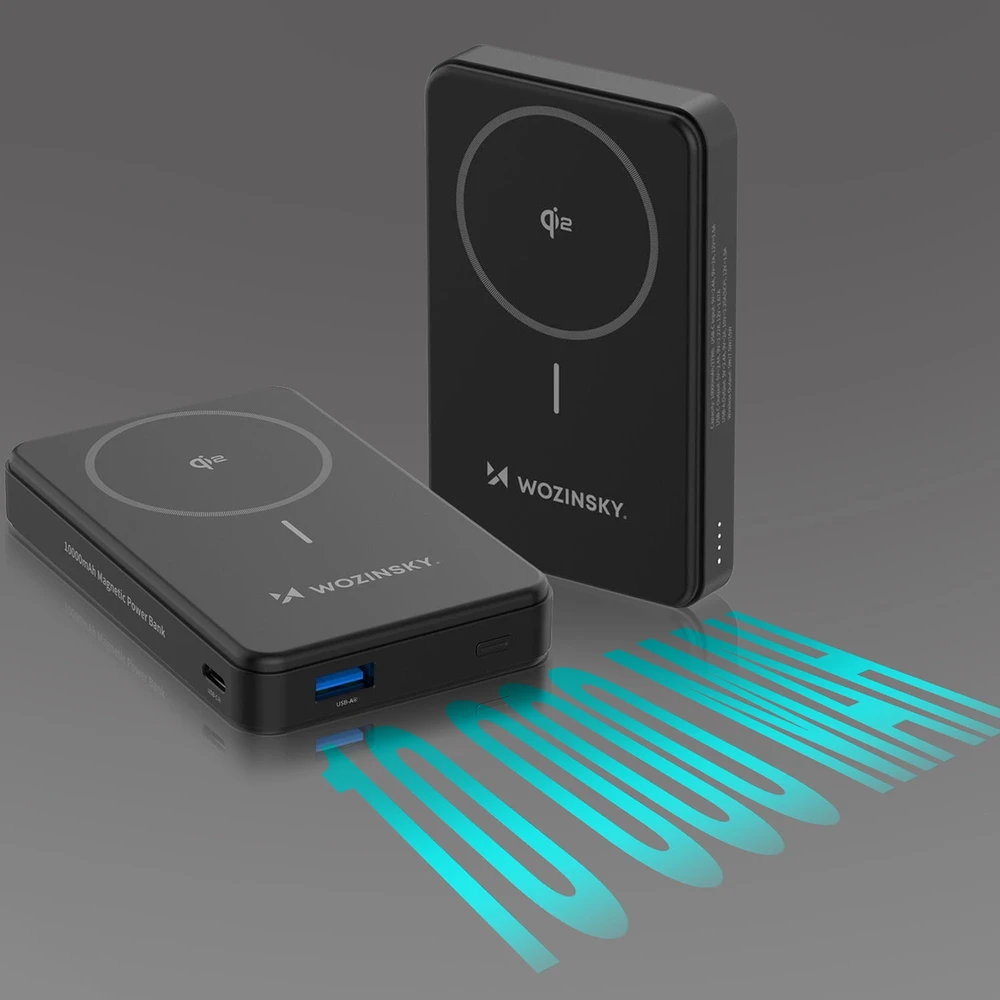Powerbank Wozinsky WLWP-10KA0Y3S 22.5W PD Qi2 10000 mAh, su stoveliu, 1x USB-A, 1x USB-C – juodos spalvos