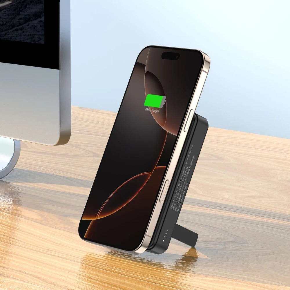 Powerbank Wozinsky WLWP-10KA0Y3S 22.5W PD Qi2 10000 mAh, su stoveliu, 1x USB-A, 1x USB-C – juodos spalvos