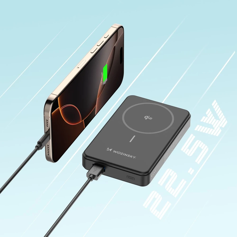 Powerbank Wozinsky WLWP-10KA0Y3S 22.5W PD Qi2 10000 mAh, su stoveliu, 1x USB-A, 1x USB-C – juodos spalvos