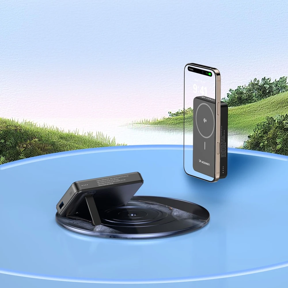 Powerbank Wozinsky WLWP-10KA0Y3S 22.5W PD Qi2 10000 mAh, su stoveliu, 1x USB-A, 1x USB-C – juodos spalvos