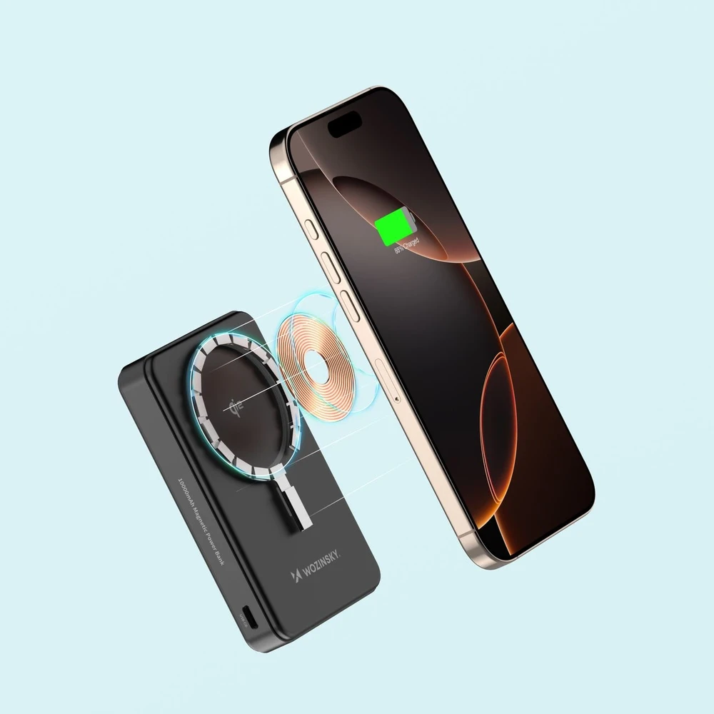 Powerbank Wozinsky WLWP-10KA0Y3S 22.5W PD Qi2 10000 mAh, su stoveliu, 1x USB-A, 1x USB-C – juodos spalvos