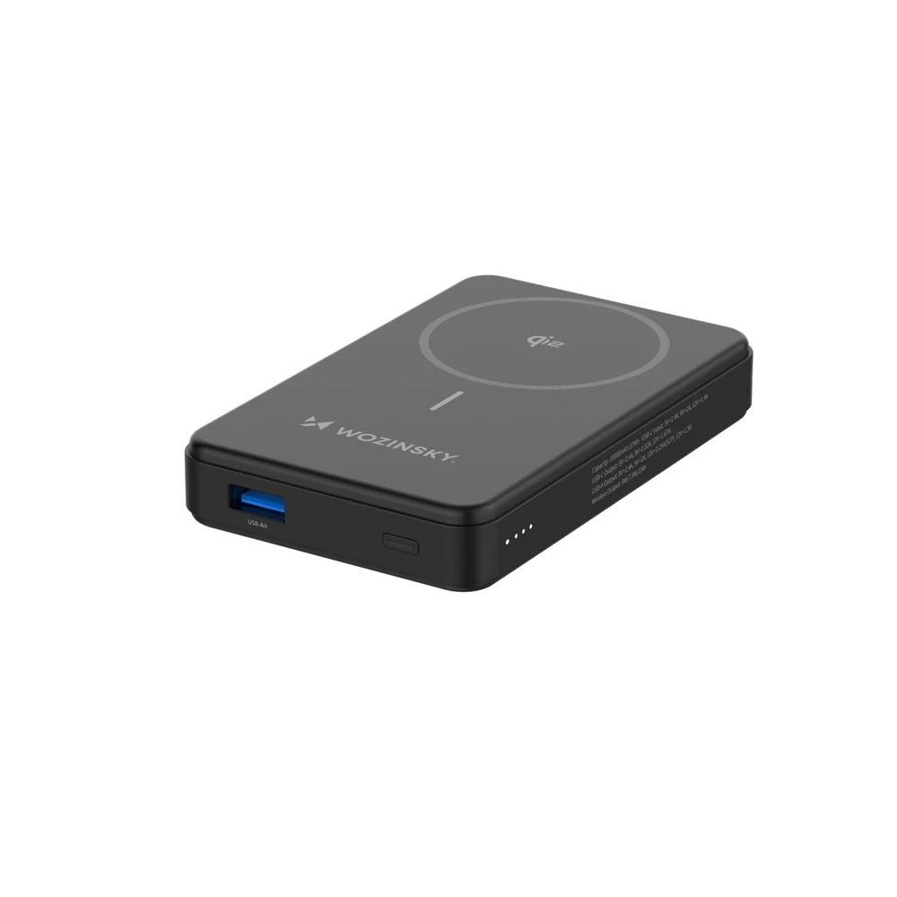 Powerbank Wozinsky WLWP-10KA0Y3S 22.5W PD Qi2 10000 mAh, su stoveliu, 1x USB-A, 1x USB-C – juodos spalvos