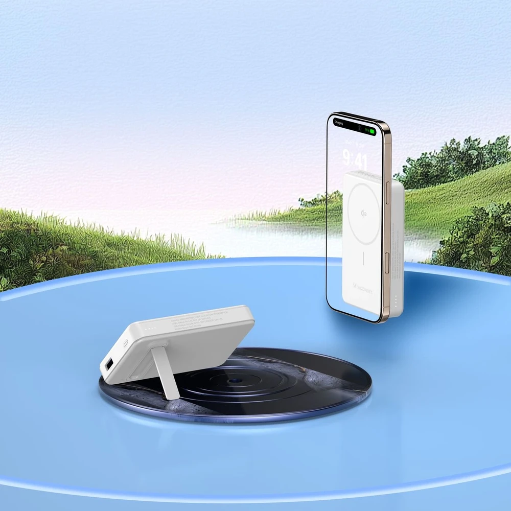 Powerbank Wozinsky WLWP-10KA0Y3WS 22.5W PD Qi2 10000 mAh, su stoveliu, 1x USB-A, 1x USB-C – baltos spalvos
