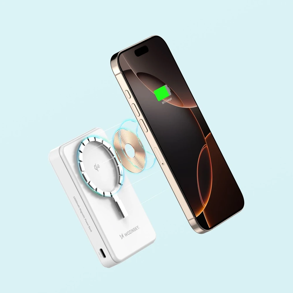 Powerbank Wozinsky WLWP-10KA0Y3WS 22.5W PD Qi2 10000 mAh, su stoveliu, 1x USB-A, 1x USB-C – baltos spalvos