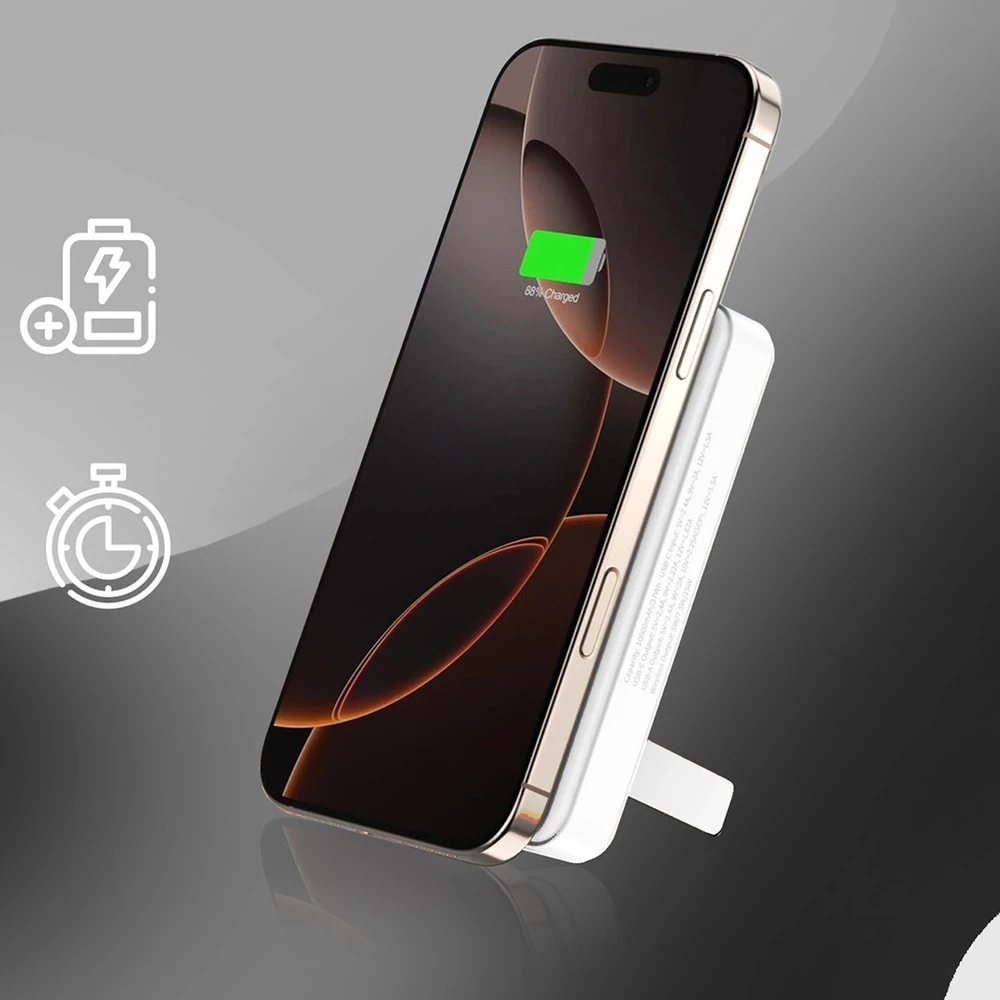 Powerbank Wozinsky WLWP-10KA0Y3WS 22.5W PD Qi2 10000 mAh, su stoveliu, 1x USB-A, 1x USB-C – baltos spalvos
